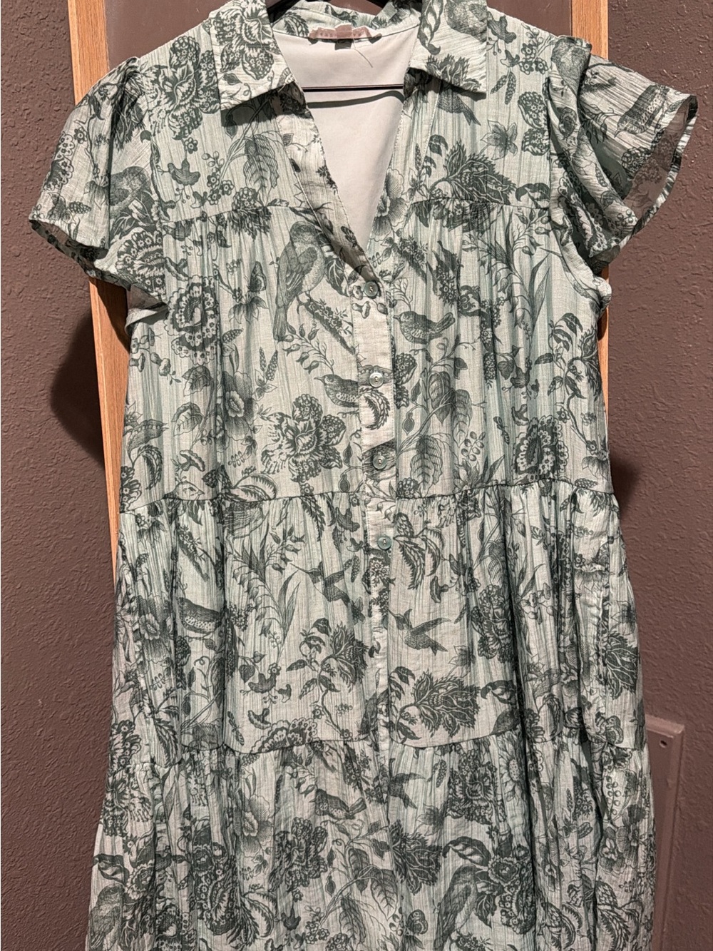 Green Floral Button-Front Tiered Dress